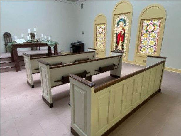 Recently completed pews from the Servant's Oasis Chapel Restoration.